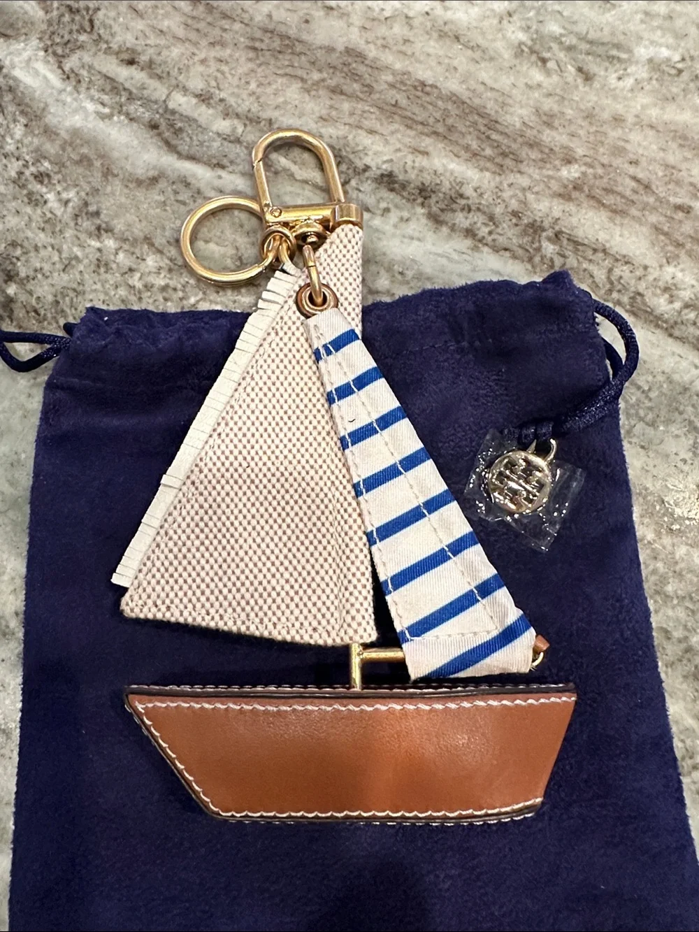 Tory Burch Sailboat Bag Charm Keychain Nautical Leather Canvas Dust Bag